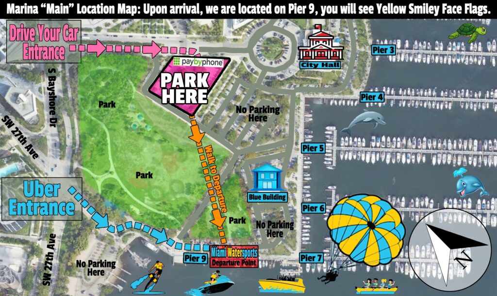 Directions to Miami Parasail at Pier 9, Dinner Key Marina — drive and Uber entrances, Pay By Phone parking, and the Pier 9 departure point